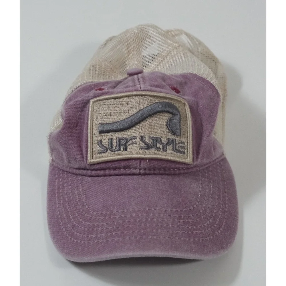 Surf Style Trucker Hat Unisex OS Purple Tan Logo Patch Mesh Snapback Distressed